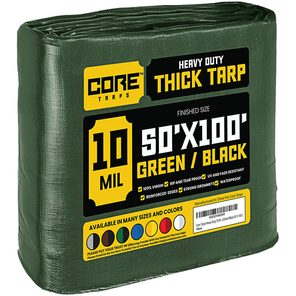 A green and black roll of Core 10 mil poly tarps.