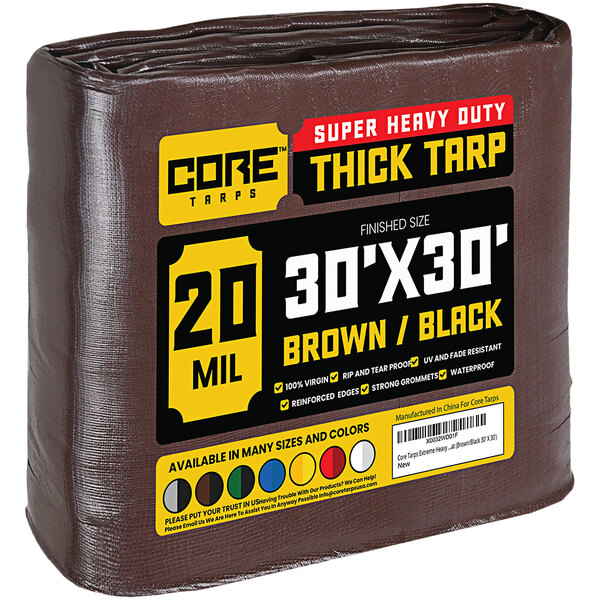 A brown and black Core heavy-duty poly tarp with reinforced edges in packaging.