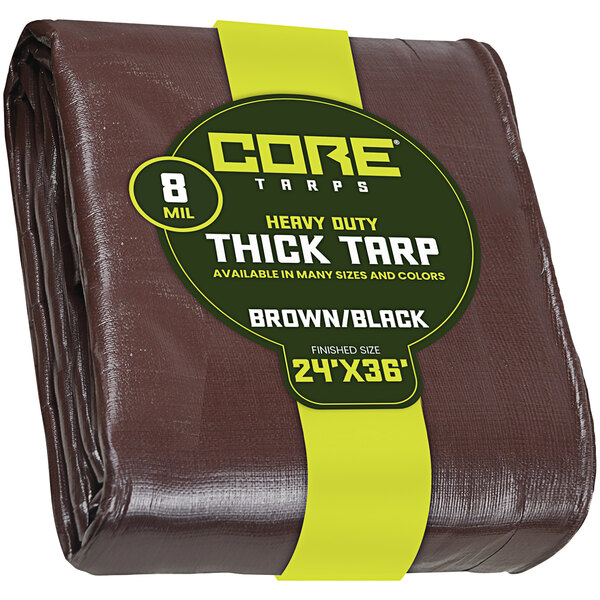 A brown and black Core heavy-duty weatherproof tarp with reinforced edges.