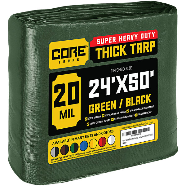 A green and black Core heavy-duty weatherproof tarp with reinforced edges.