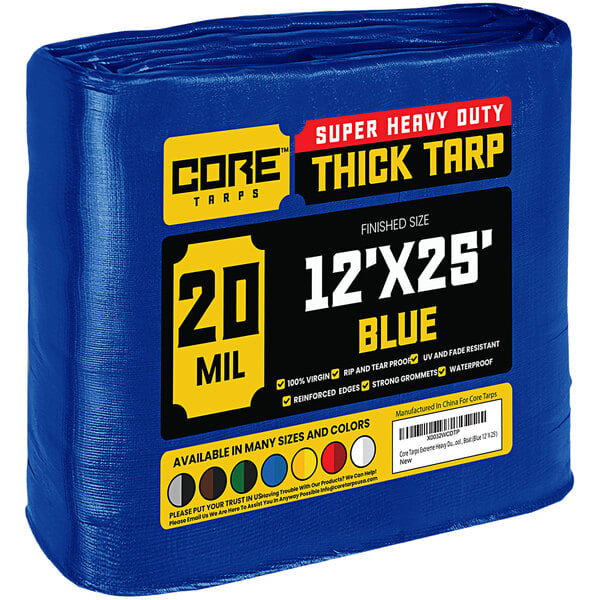 A blue Core 20' x 25' heavy-duty poly tarp in plastic packaging.