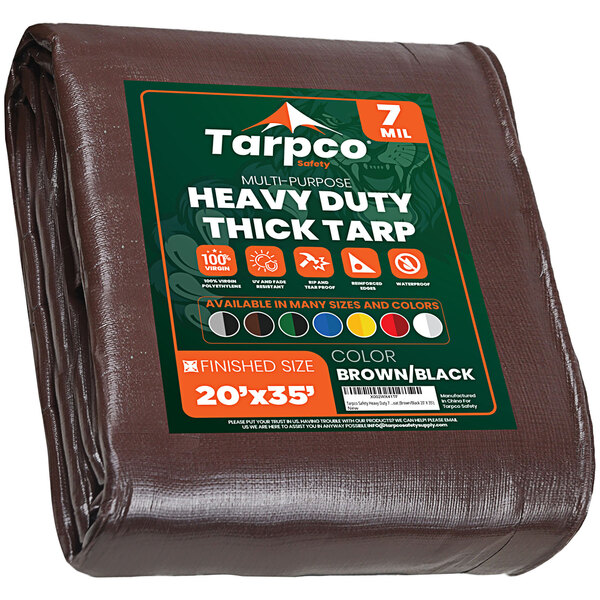 A brown and black Tarpco Safety heavy-duty weatherproof tarp with reinforced edges.