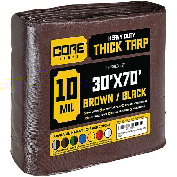 A brown Core 30' x 70' poly tarp wrapped in plastic.