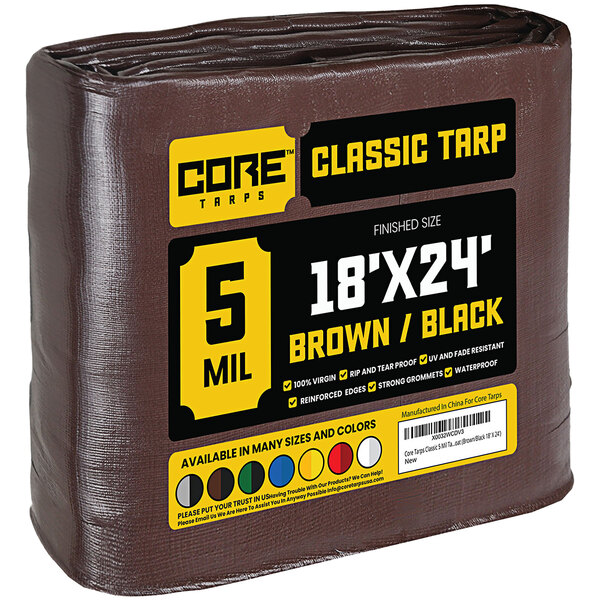 A brown tarp with black reinforced edges wrapped in plastic.