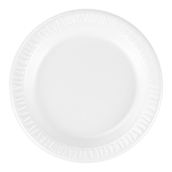 A white, round, non-laminated foam plate with a slightly raised patterned rim.