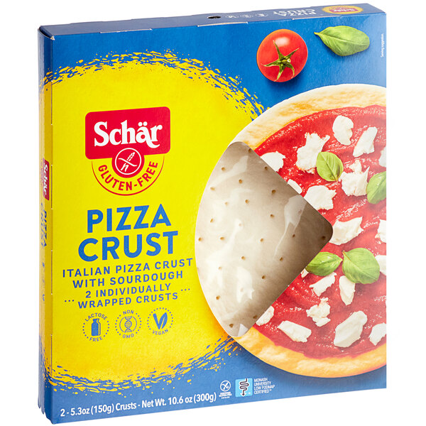 A white and blue box of Schar gluten-free pizza crusts.
