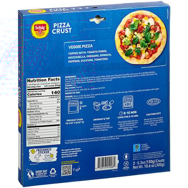 A blue and white box of Schar gluten-free pizza crusts.