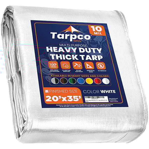 A white Tarpco poly tarp with blue and orange labels.