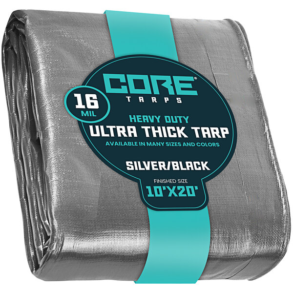 A close up of a Core silver and black 16 mil poly tarp with reinforced edges.