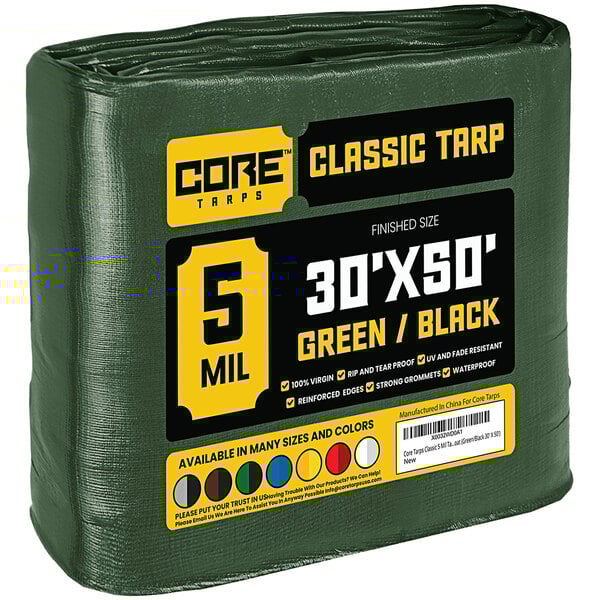 A green and black Core Classic Weatherproof Poly Tarp with reinforced edges.