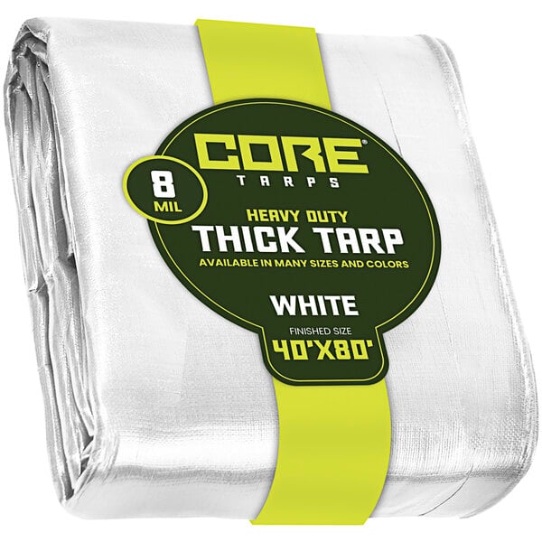 A white package with Core white heavy-duty weatherproof tarps.