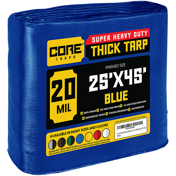 A blue Core Extreme Heavy-Duty Weatherproof tarp with yellow text wrapped in plastic.