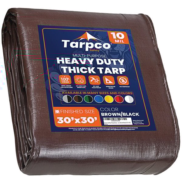 A brown Tarpco heavy-duty weatherproof tarp with reinforced edges.