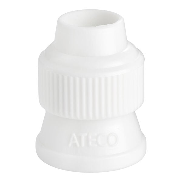 A white plastic two-piece standard coupler for piping bags.