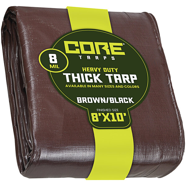 A package with a yellow label containing a brown and black Core Heavy-Duty Weatherproof Poly Tarp with reinforced edges.
