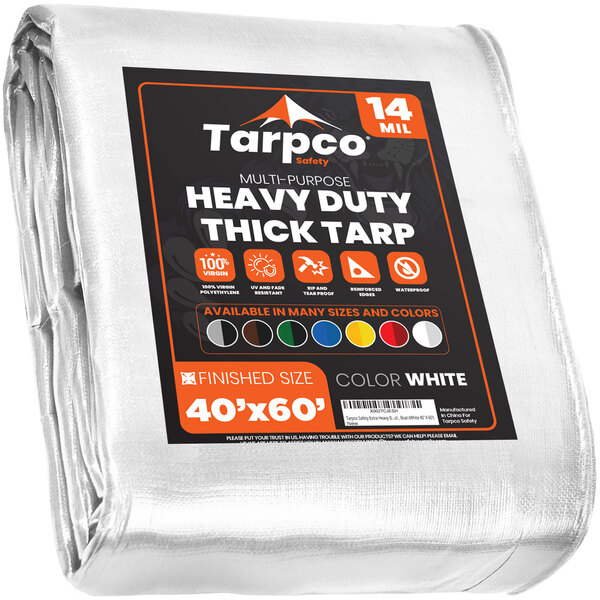 A white Tarpco poly tarp with black and orange text.
