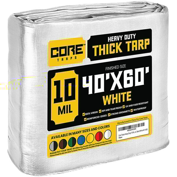 A large roll of white Core Heavy-Duty Weatherproof Poly Tarp with reinforced edges.