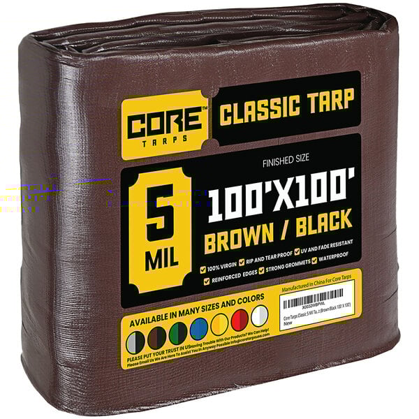 A brown tarp with reinforced edges in plastic packaging.