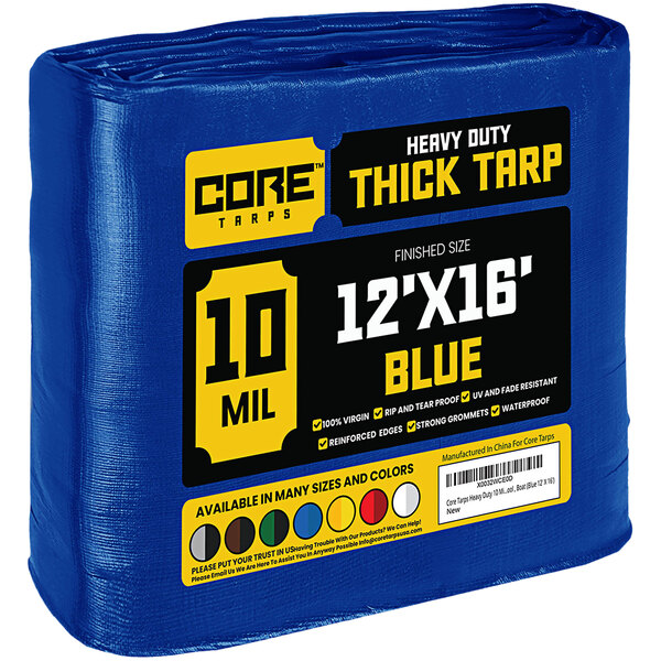 A blue heavy-duty Core poly tarp in plastic packaging.