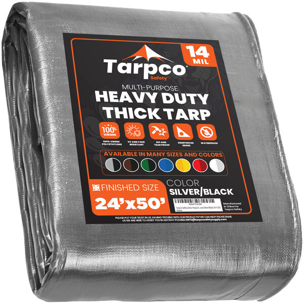 A large roll of Tarpco silver and black heavy-duty weatherproof poly tarp.