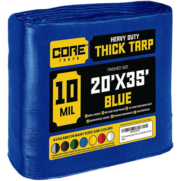 A blue Core 20' x 35' heavy-duty poly tarp with reinforced edges in plastic packaging.