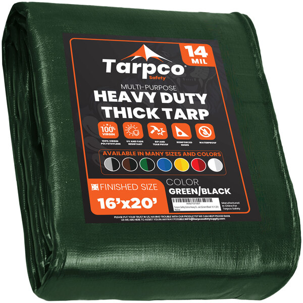 A green Tarpco heavy-duty tarp with white text on the edges.