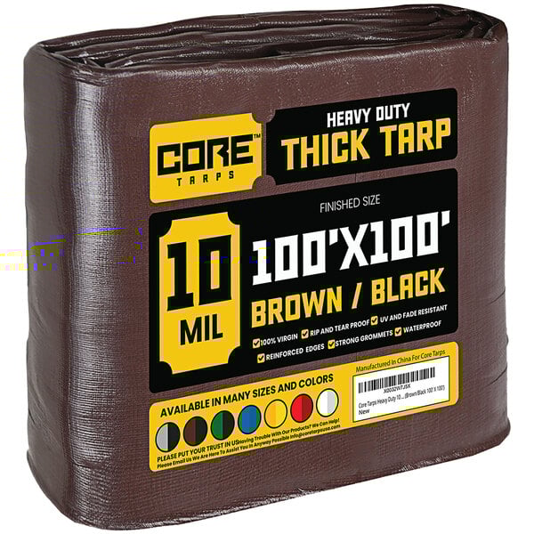 A brown heavy-duty plastic tarp with reinforced edges.