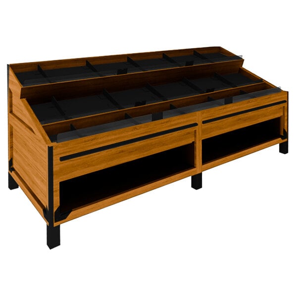 A Marco Company wooden produce display bin with shelves.