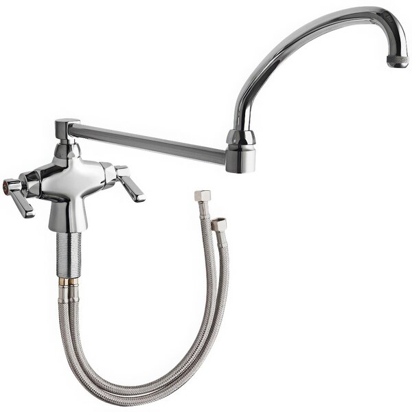 A Chicago Faucets chrome deck-mounted sink faucet with a double-jointed hose.