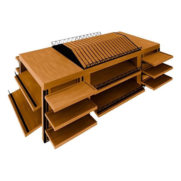 A Marco Company wooden island display table with shelves.