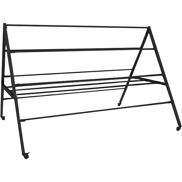 A black metal rack with six metal bars and wheels.