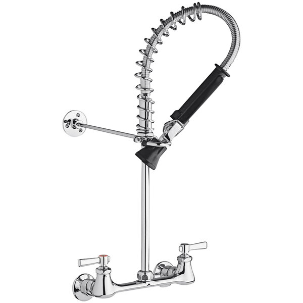 A Chicago Faucets chrome pre-rinse faucet with black lever handles.