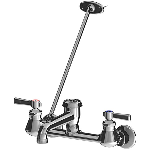 A Chicago Faucets wall-mounted sink faucet with two handles and a chrome finish.