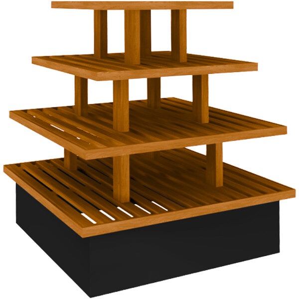 A wooden Marco Company four-tier bakery display with honey pine shelves.