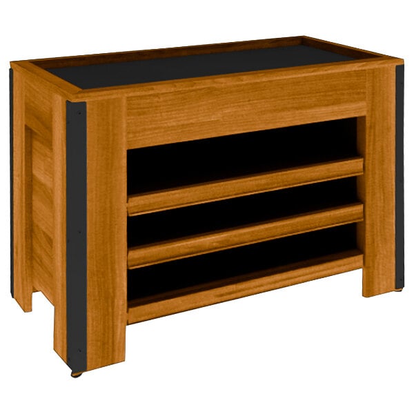 A Marco Company wooden produce bin with adjustable shelving.