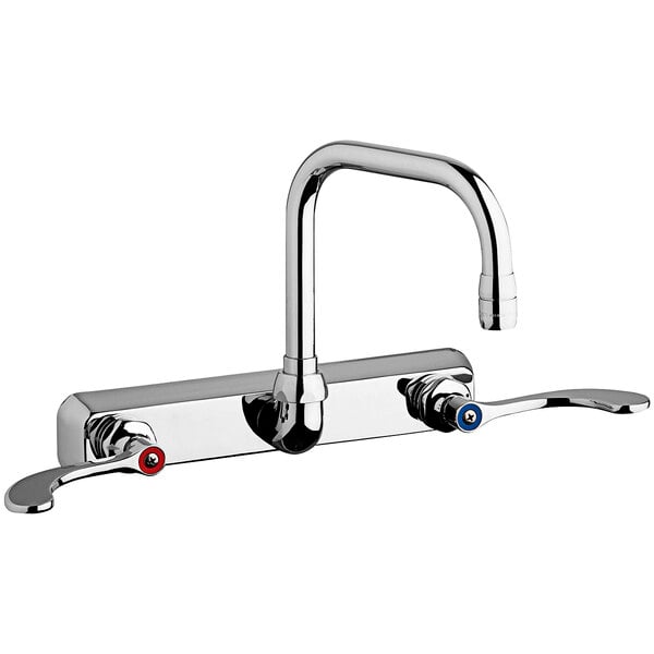 A silver Chicago Faucets wall-mounted faucet with a swing spout and red and blue knobs.