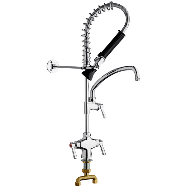 A chrome Chicago Faucets pre-rinse faucet with black lever handles.