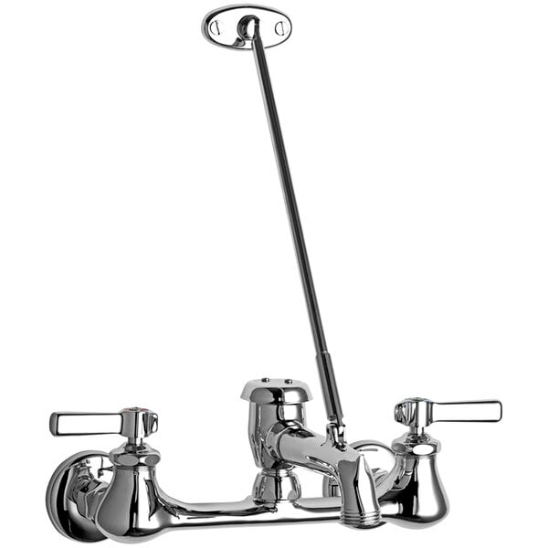 A Chicago Faucets wall-mounted sink faucet with chrome finish, two handles, and a lever.