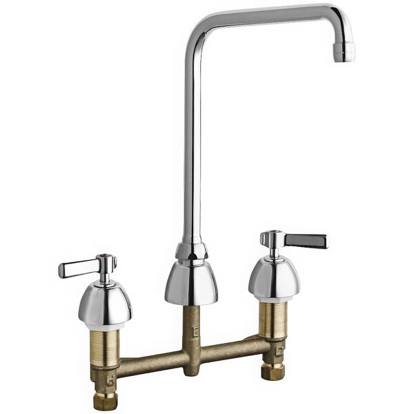 A chrome Chicago Faucets deck-mounted sink faucet with two lever handles and an 8" high arch spout.