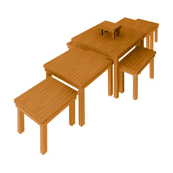 A wooden table with benches and a square top.