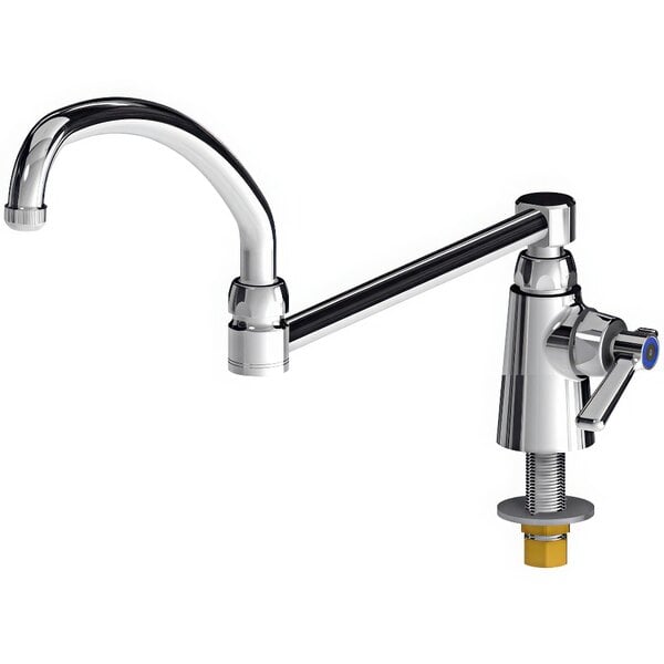 A Chicago Faucets deck-mounted sink faucet with a chrome finish, a handle, and a long, double-jointed spout.