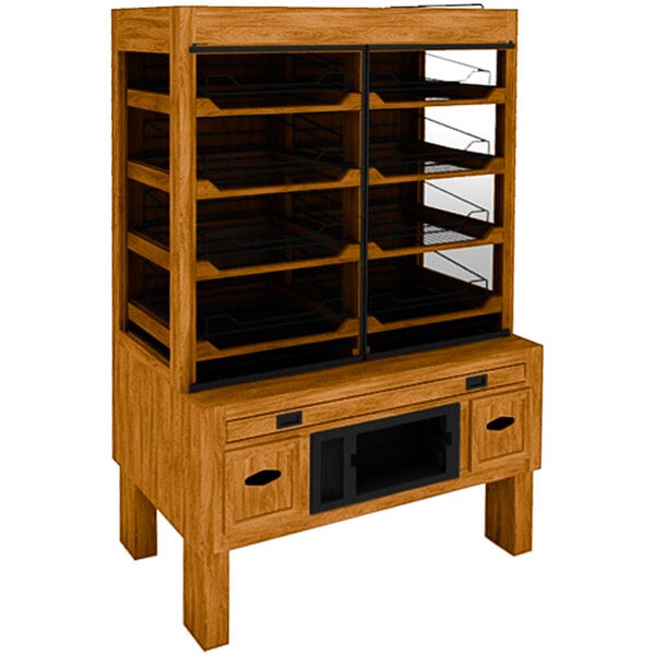 A wood display case with shelves inside a wood cabinet.