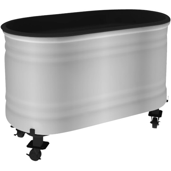 A large silver metal container with wheels.