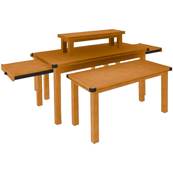 A wooden table with pull-out shelves and benches.