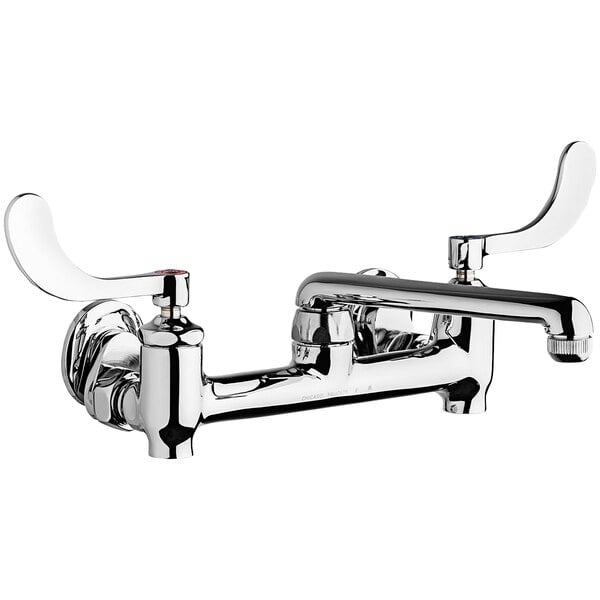 A chrome Chicago Faucets wall-mounted sink faucet with 6" S-type swing spout and 4" wristblade handles.