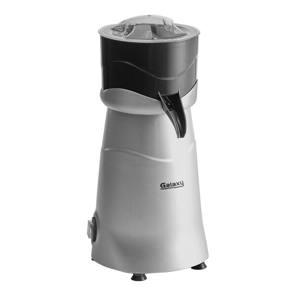 A silver and black Galaxy CJ180 electric citrus bar juicer with a lid.