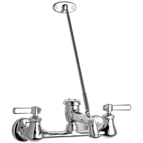 A Chicago Faucets wall-mounted mop sink faucet with two chrome lever handles.