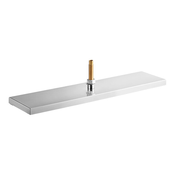 A stainless steel rectangular metal plate with a drain.