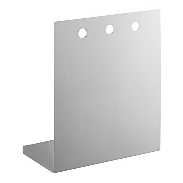 A stainless steel wall mount with holes for 3 faucets.
