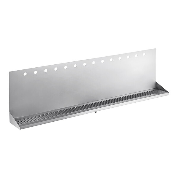 A Regency stainless steel wall mount beer drip tray shelf with holes.